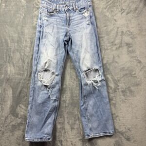 American Eagle Jeans Women 6 Curvy Straight Distressed Light Blue Denim Stretch